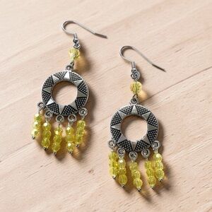 Dangle Earrings Yellow Beaded Silver Tone Statement Earrings Boho